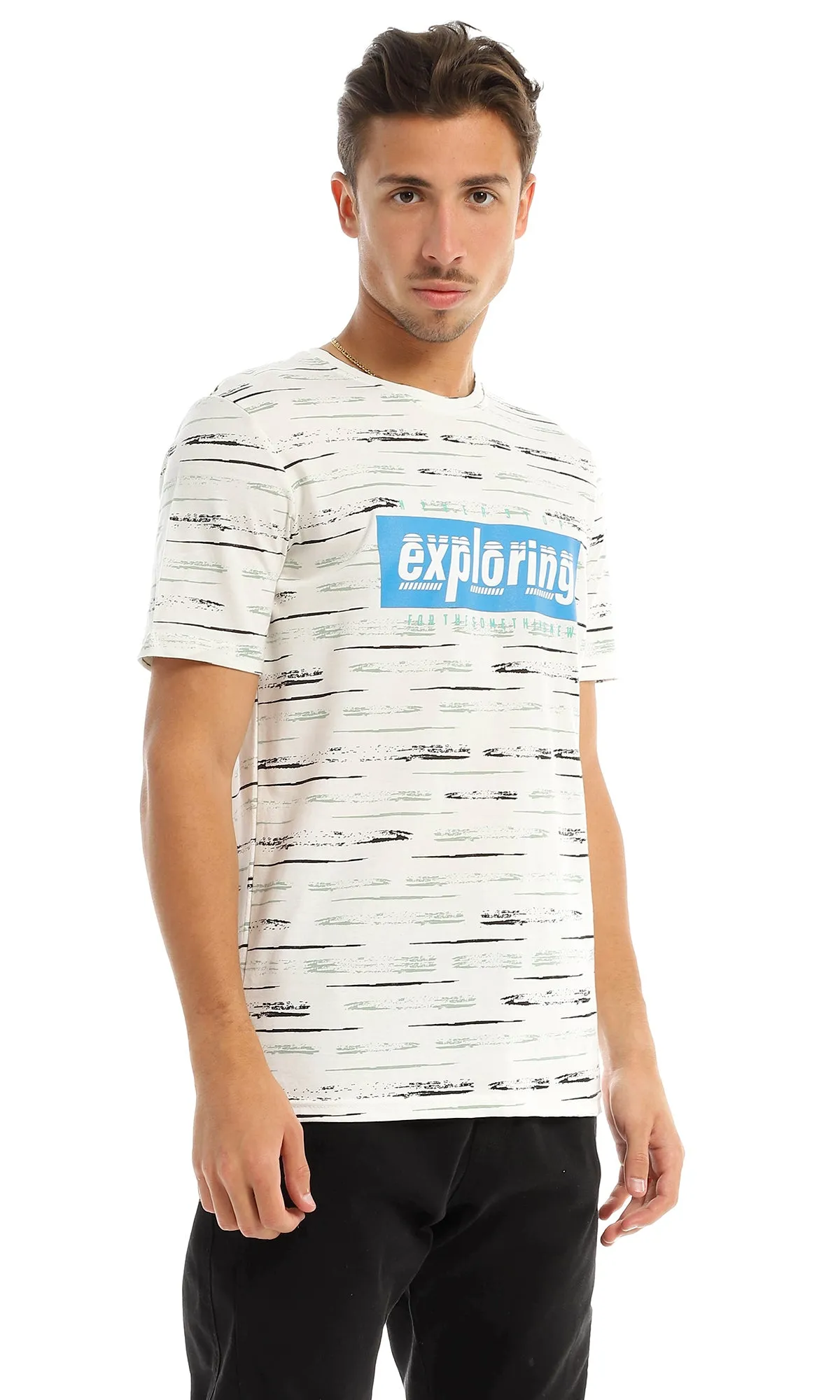 97376 "Exploring" Printing & Self Patterned T-Shirt - Off White