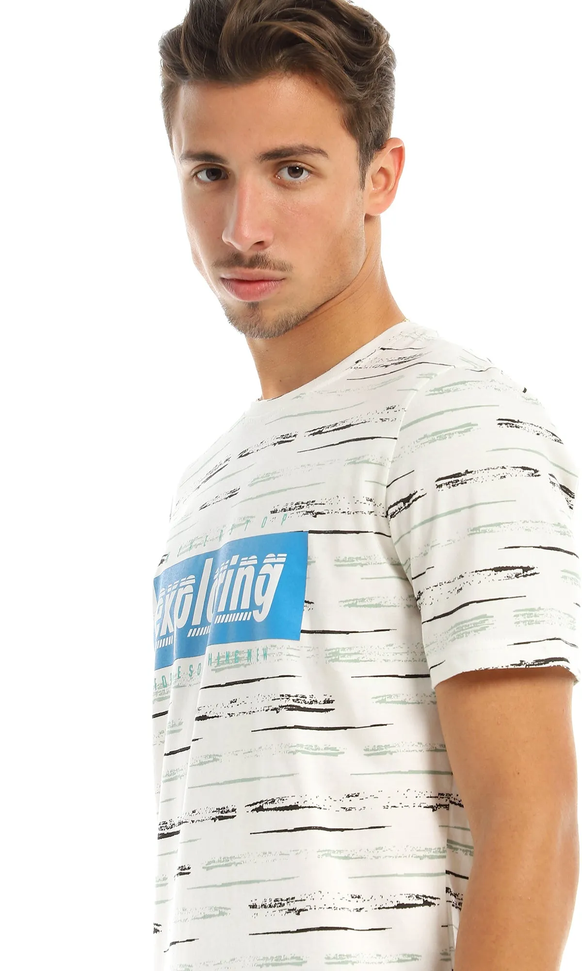 97376 "Exploring" Printing & Self Patterned T-Shirt - Off White