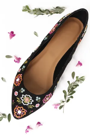 Bamboo Suede Floral Embroidery Pointy Toe Flat