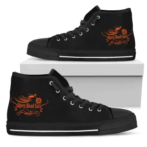 Black and Orange "Open Road Girl" Women's High Top Sneakers