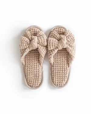 Bow tie waffle linen slippers in Natural