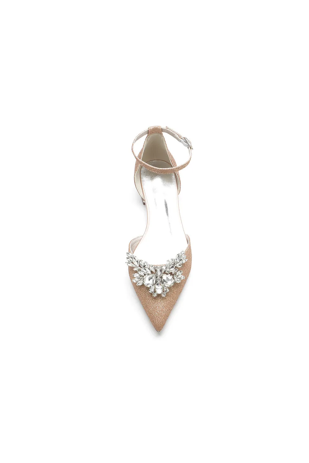 Casual Pointed Toe Ankle Strap Low Heels with Rhinestone