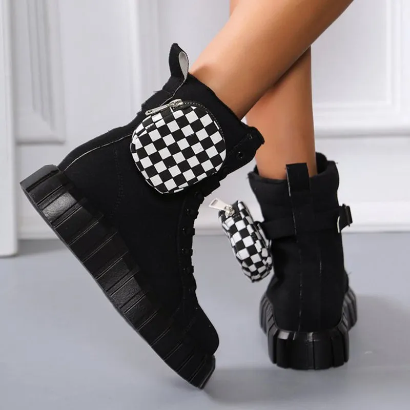 Chunky Heel Buckle Checkerboard  Lace Up Boots with Purse