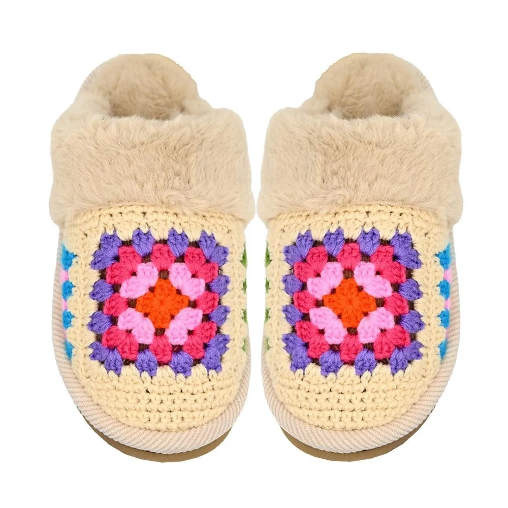 Crochet Granny Square Fur Cuff Slippers - Beige