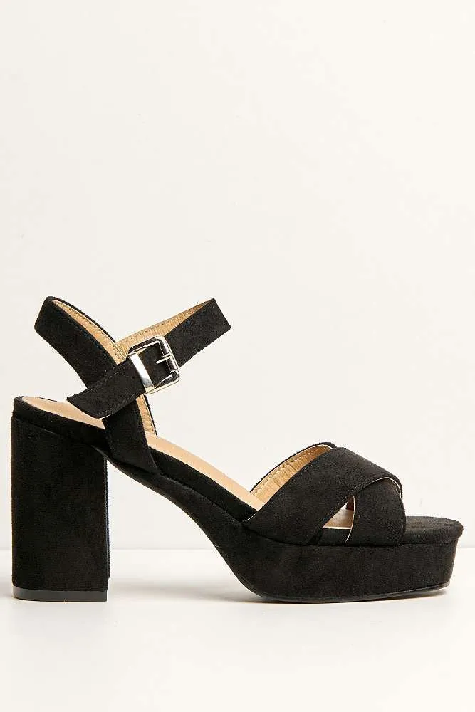 Dove Criss Cross Block Heel Ankle Strap Sandals in Black