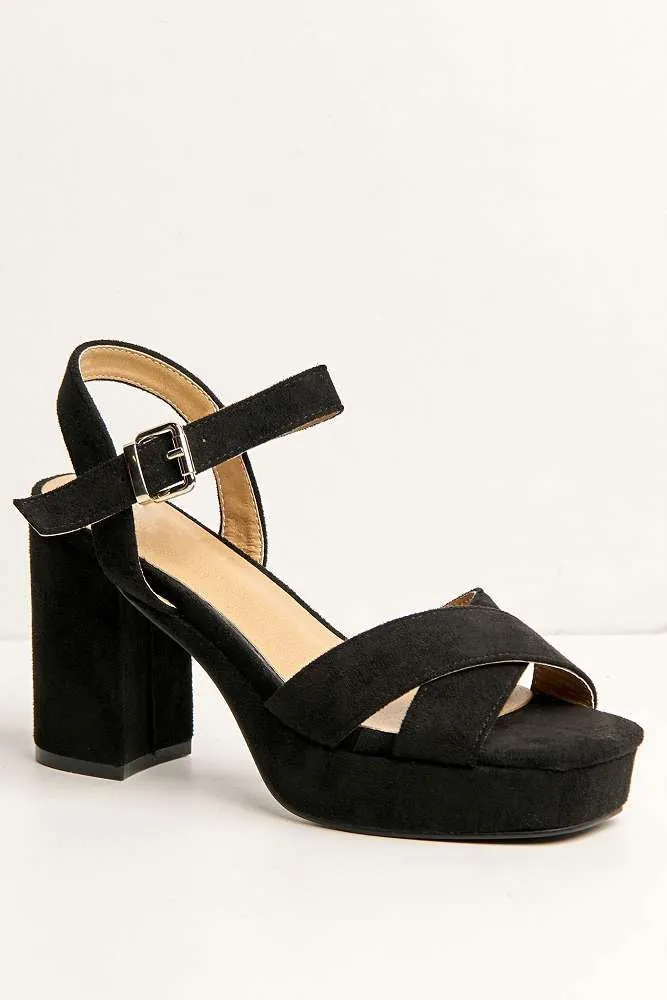 Dove Criss Cross Block Heel Ankle Strap Sandals in Black