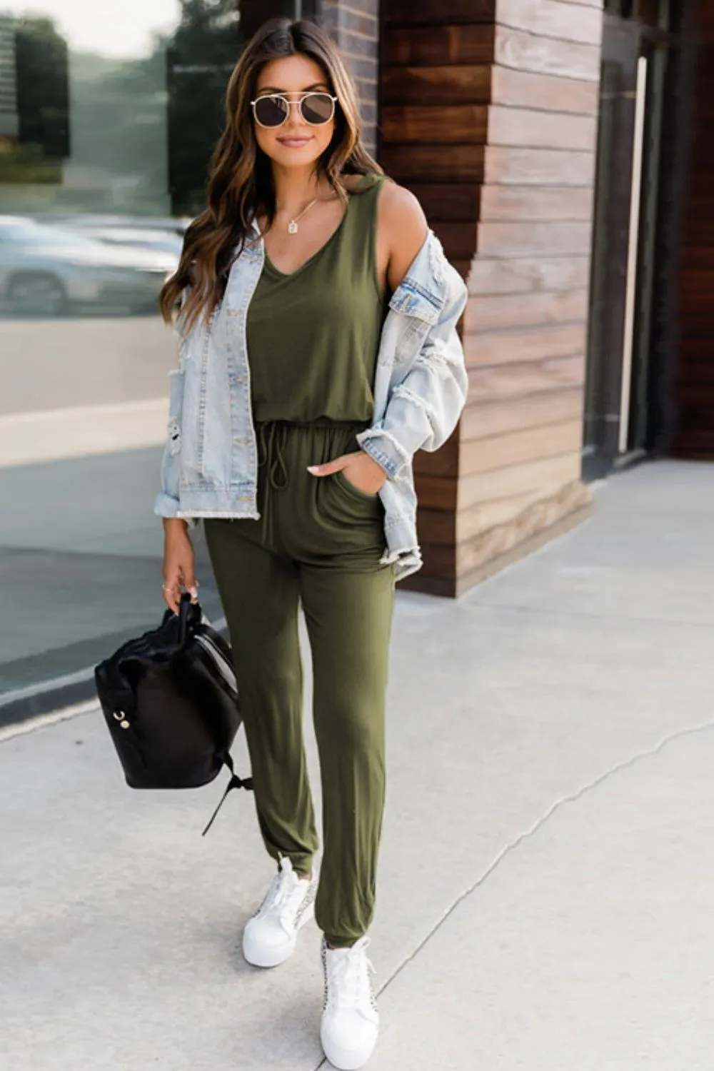 Drawstring Round Neck Sleeveless Jumpsuit - Pocketed, Opaque, and Versatile