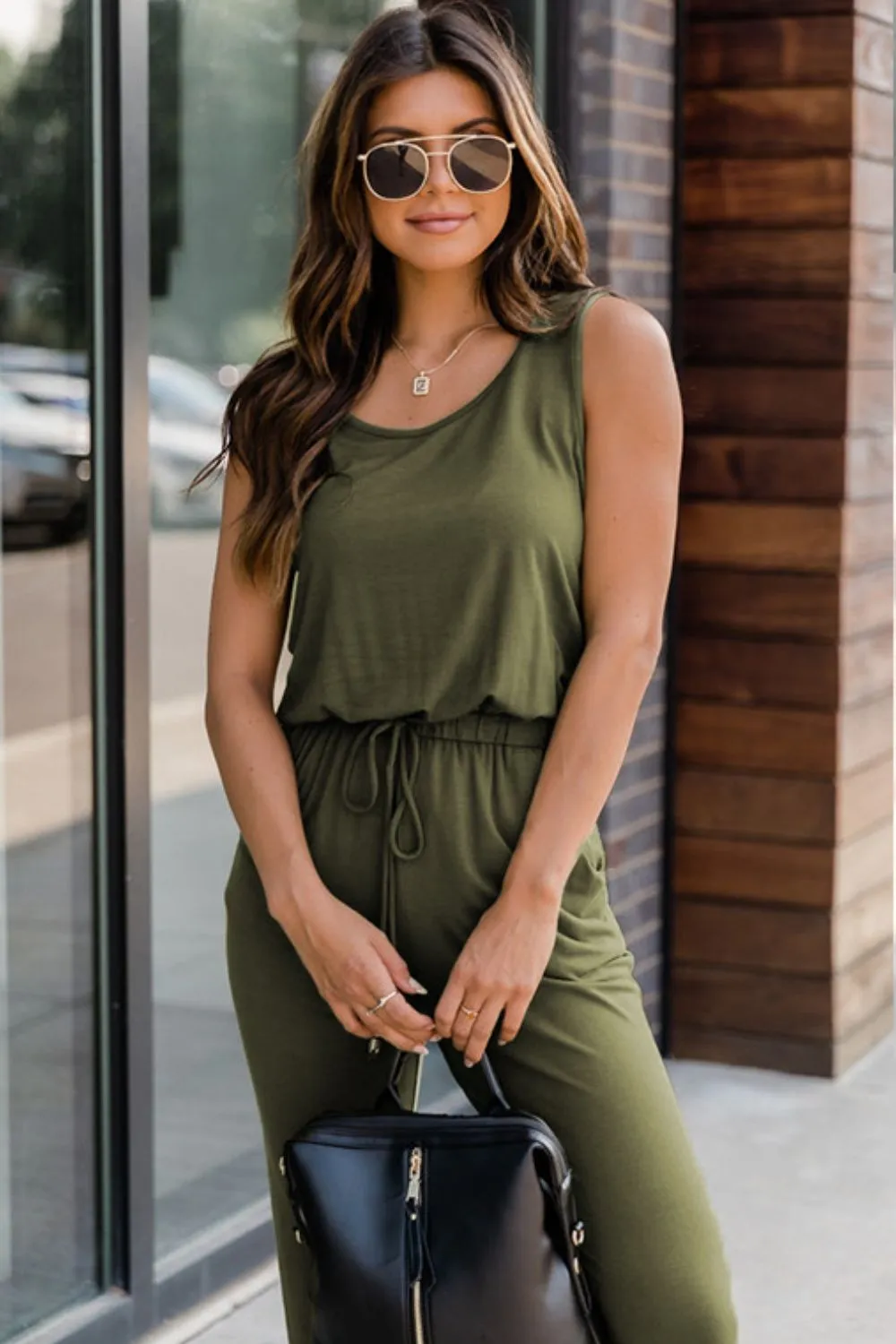 Drawstring Round Neck Sleeveless Jumpsuit - Pocketed, Opaque, and Versatile