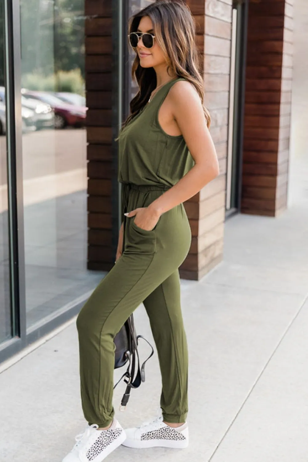 Drawstring Round Neck Sleeveless Jumpsuit - Pocketed, Opaque, and Versatile