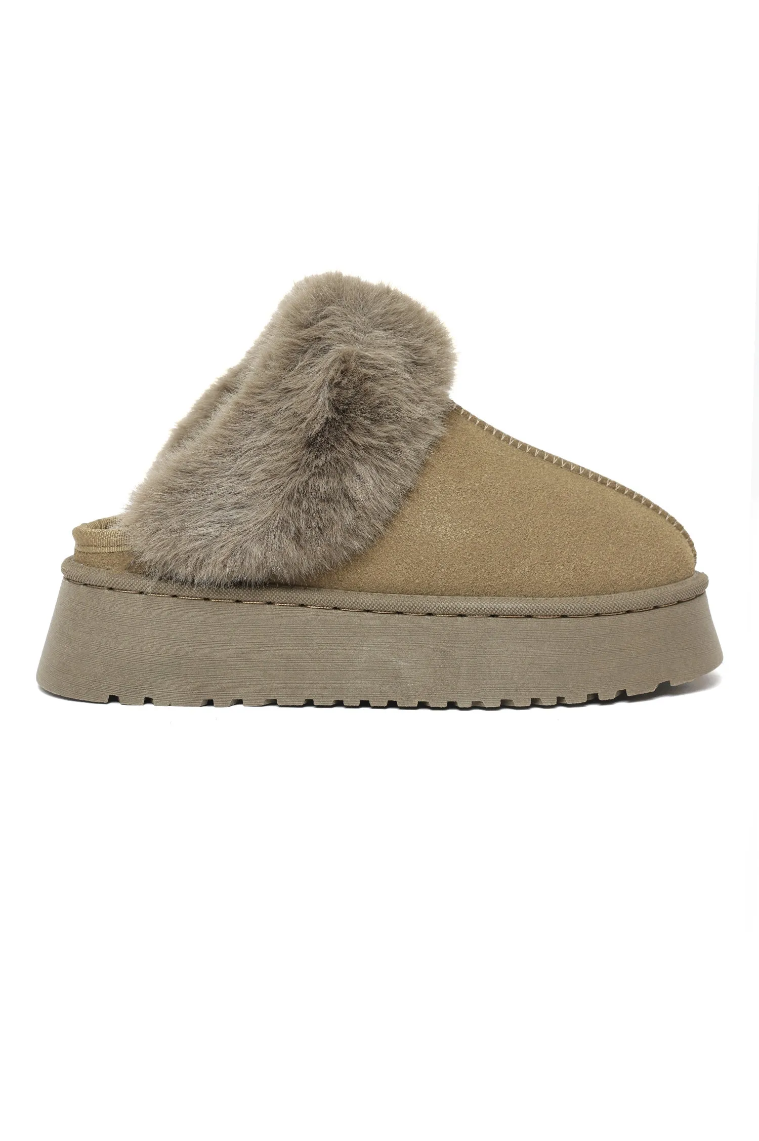 Faux Fur Trimmed Slippers-Khaki