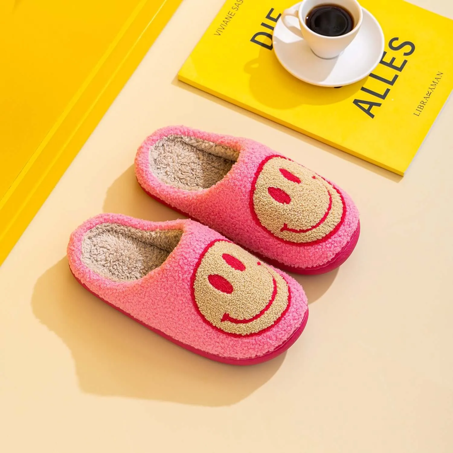 Fuchsia Melody Smiley Face Slip-on Slippers