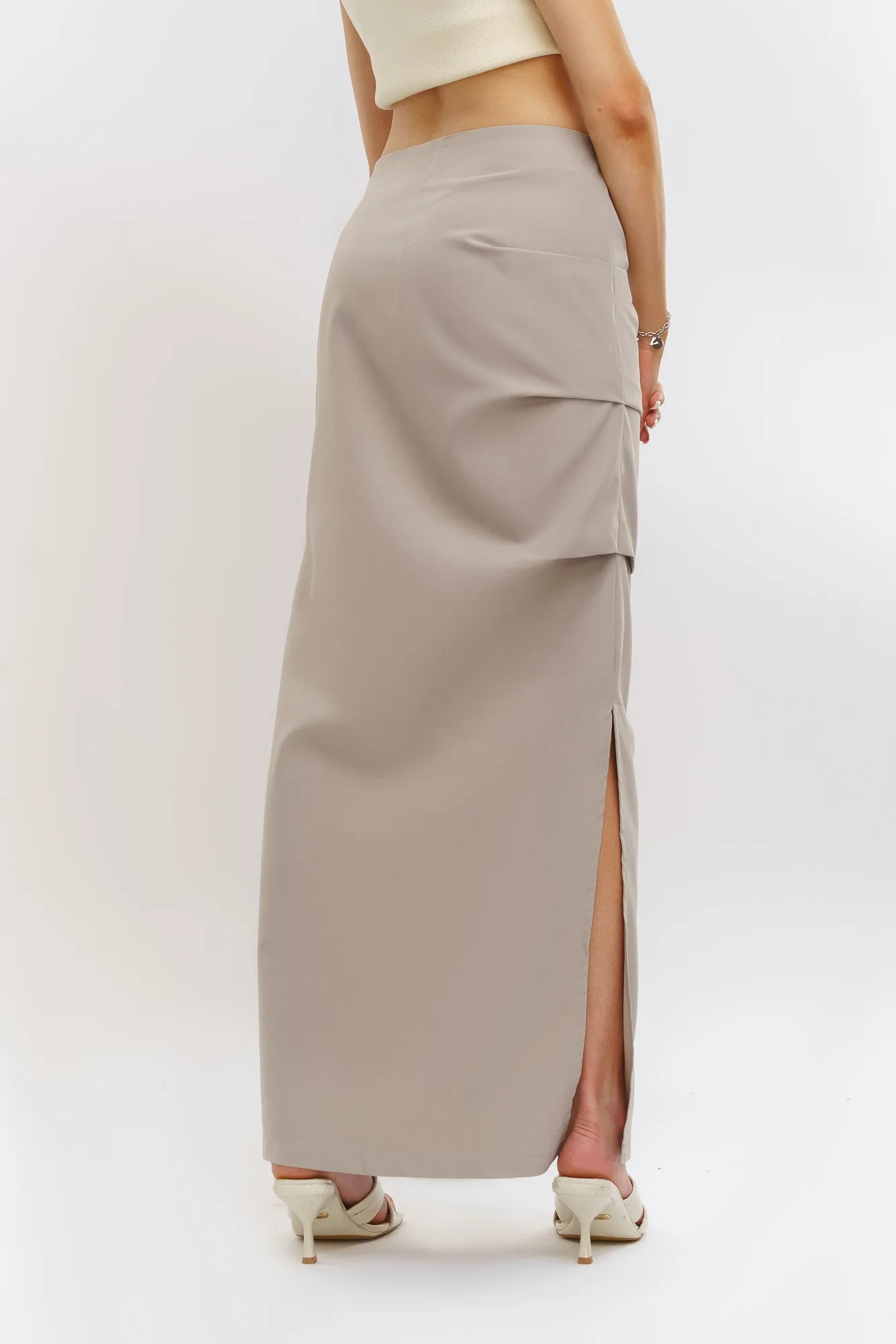 Grey Pleated Slit Skirt