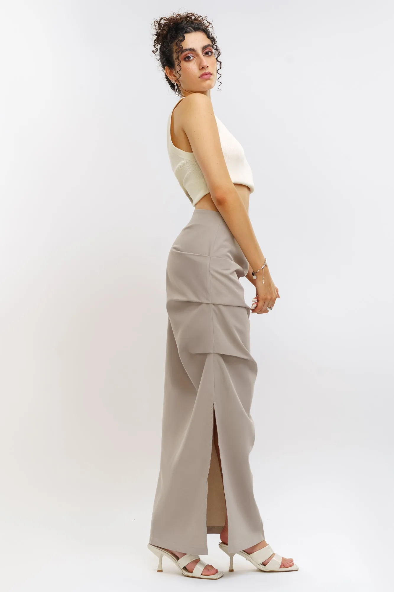 Grey Pleated Slit Skirt