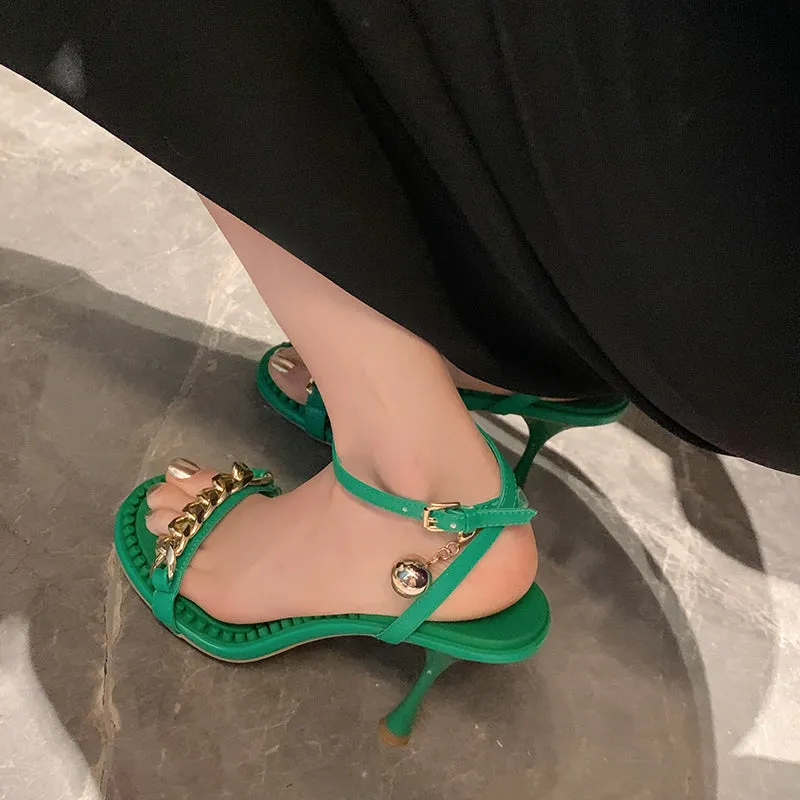 Ilana Green Sandals Heels with Gold Chain