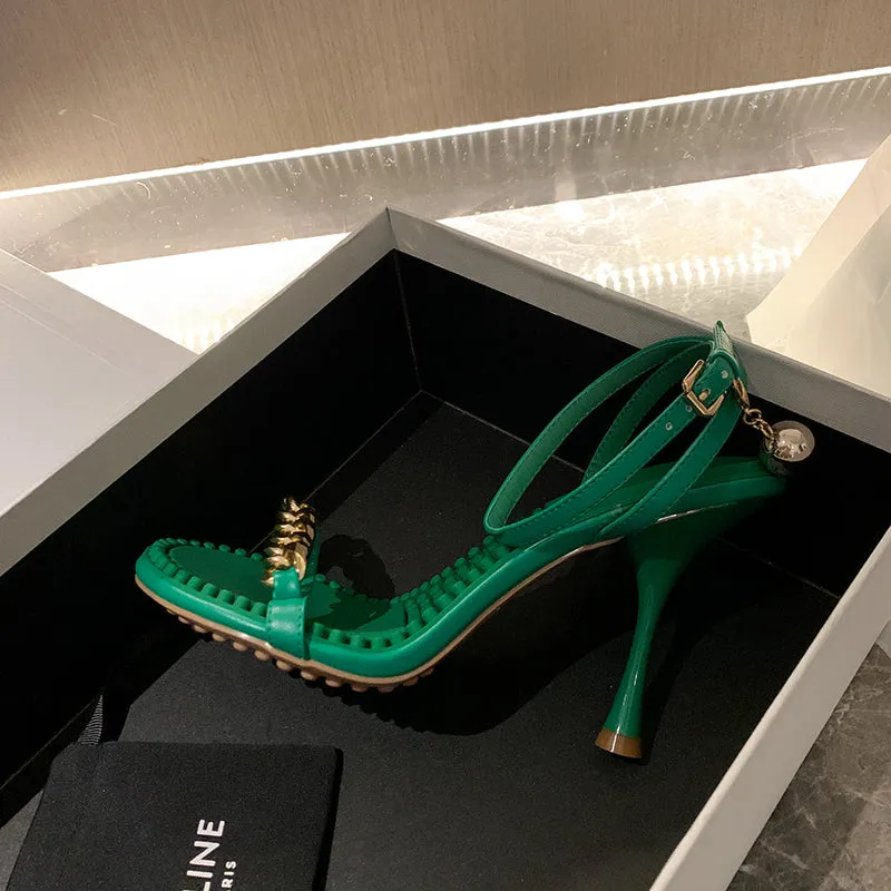 Ilana Green Sandals Heels with Gold Chain