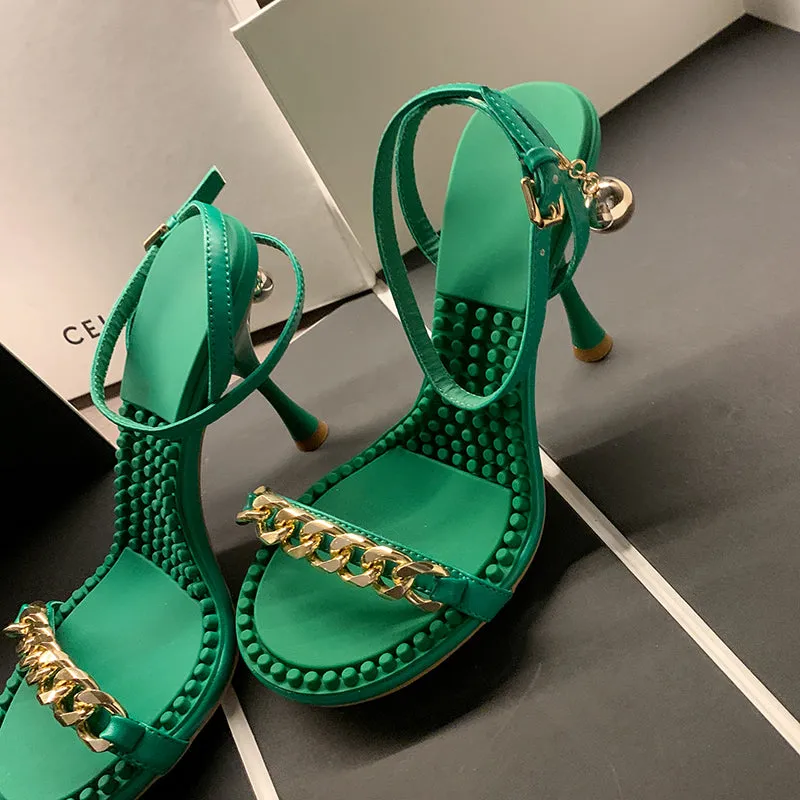 Ilana Green Sandals Heels with Gold Chain