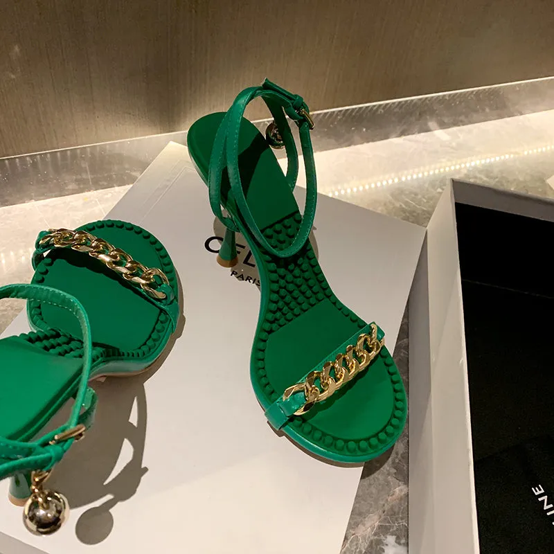 Ilana Green Sandals Heels with Gold Chain