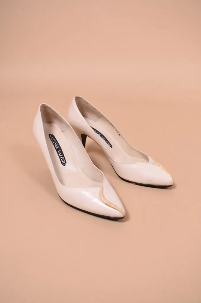 Ivory 80s Leather Pumps By Martinez Valero, 7.5