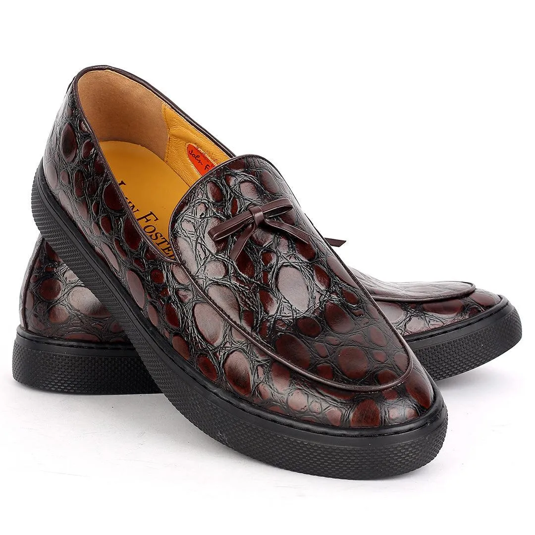 John Foster Brown Classic Croc Leather Loafers With Bow Front Design