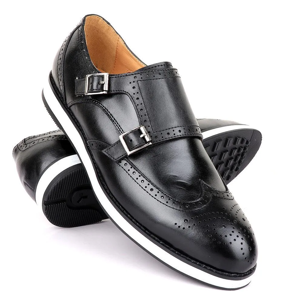 John Foster Men’s Double Monk Strap Brogues Shoes-Black