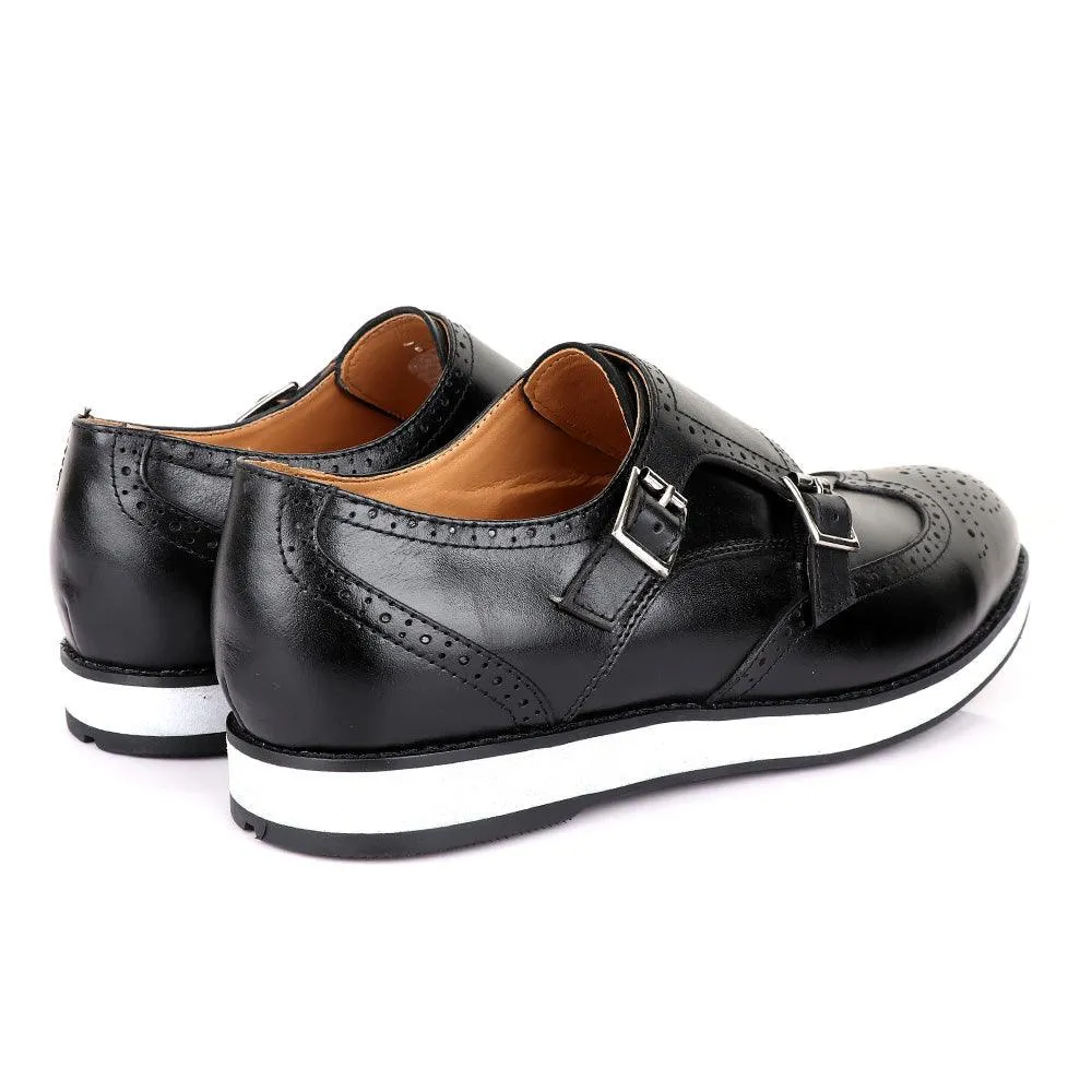 John Foster Men’s Double Monk Strap Brogues Shoes-Black