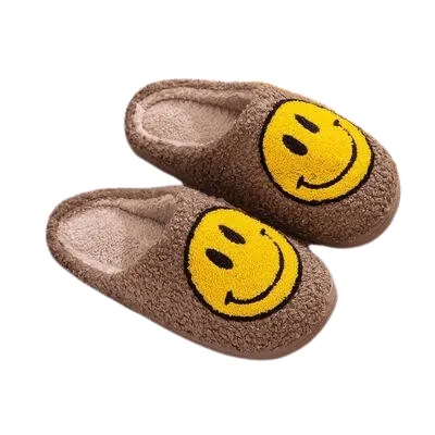 Khaki Yellow Smiley Face Slippers