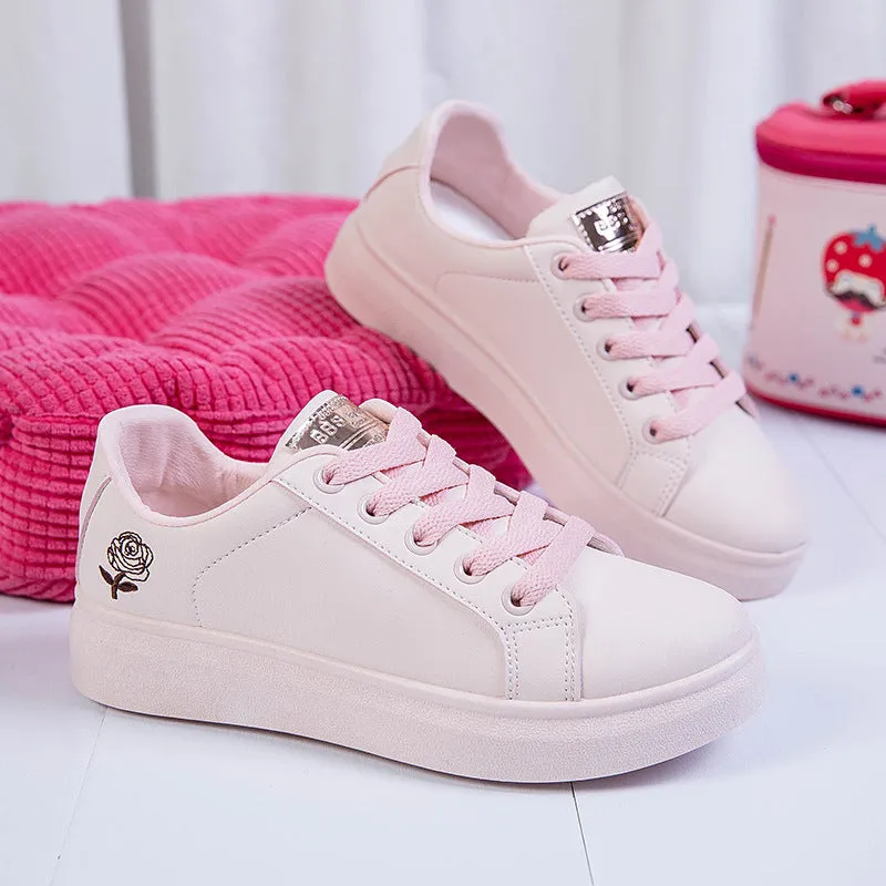 Korean Style Rose Embroidered Flat Bottom Sneakers