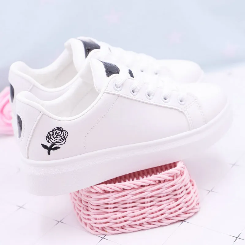 Korean Style Rose Embroidered Flat Bottom Sneakers