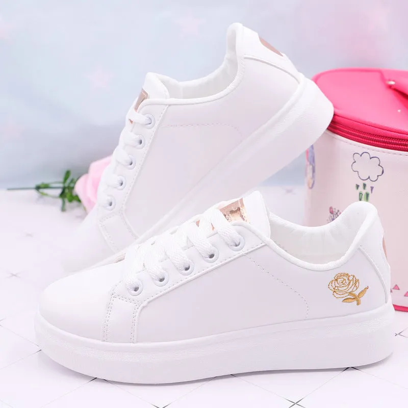 Korean Style Rose Embroidered Flat Bottom Sneakers