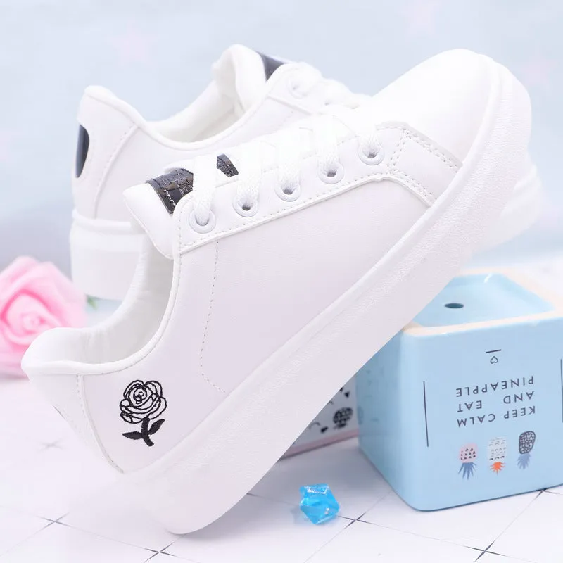 Korean Style Rose Embroidered Flat Bottom Sneakers