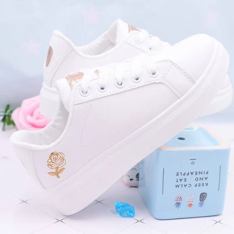 Korean Style Rose Embroidered Flat Bottom Sneakers