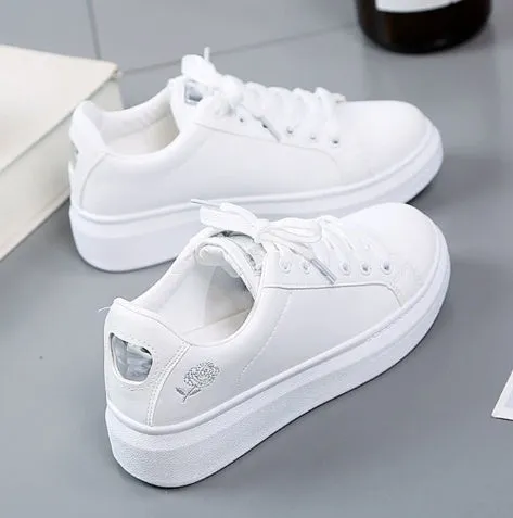 Korean Style Rose Embroidered Flat Bottom Sneakers