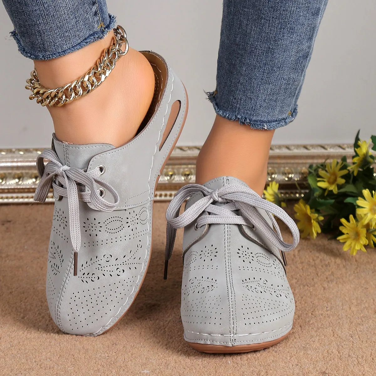 Lace-Up Round Toe Wedge Sandals