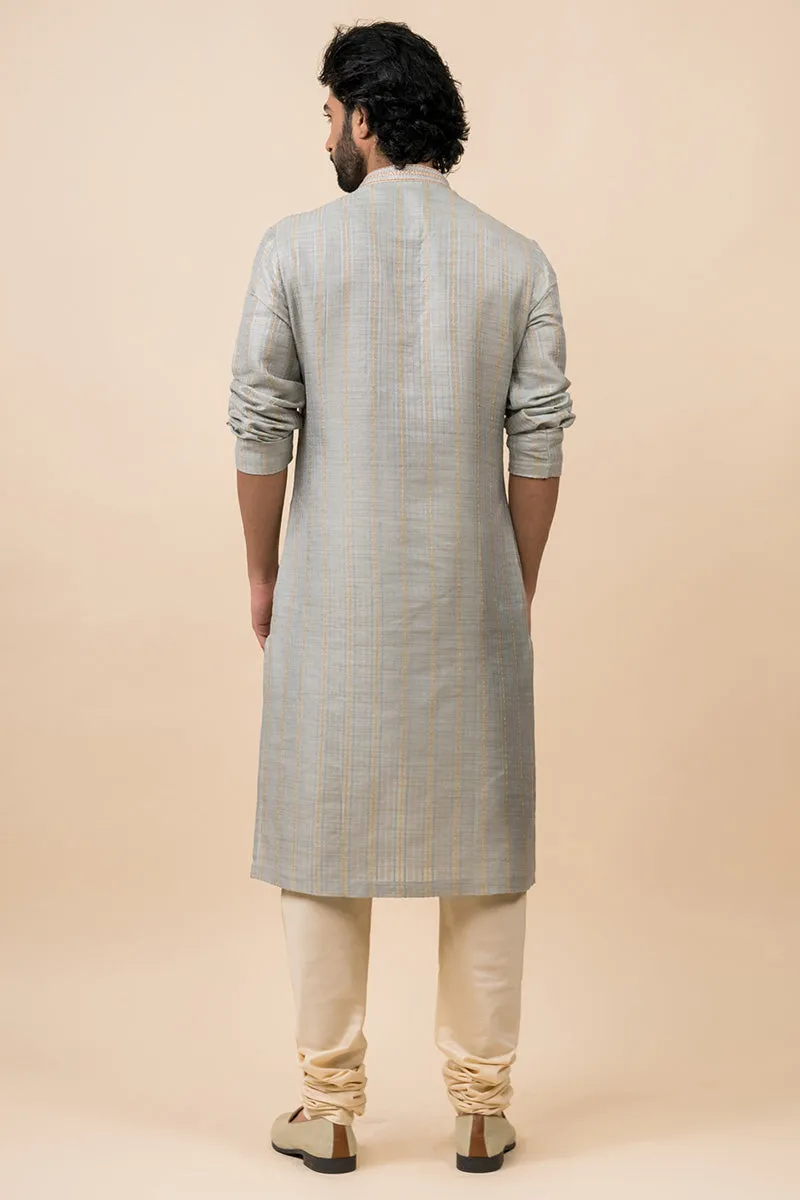 Light Blue Kurta Set With Tonal Collar and Placket