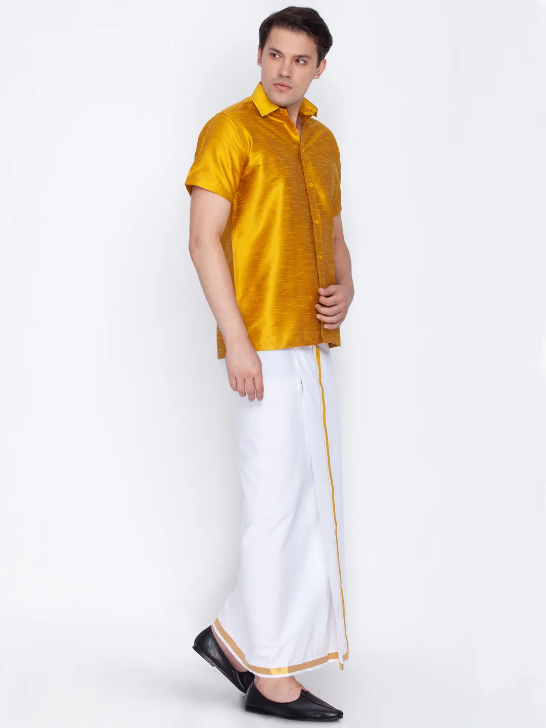 Men's Mustard Yellow And White Silk Blend Shirt And Mundu - Vastramay