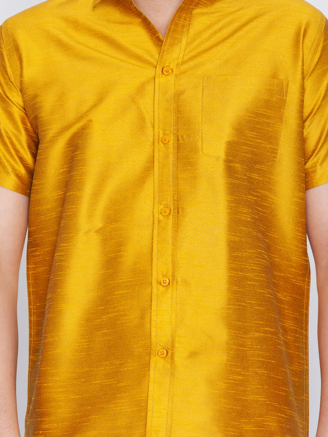 Men's Mustard Yellow And White Silk Blend Shirt And Mundu - Vastramay