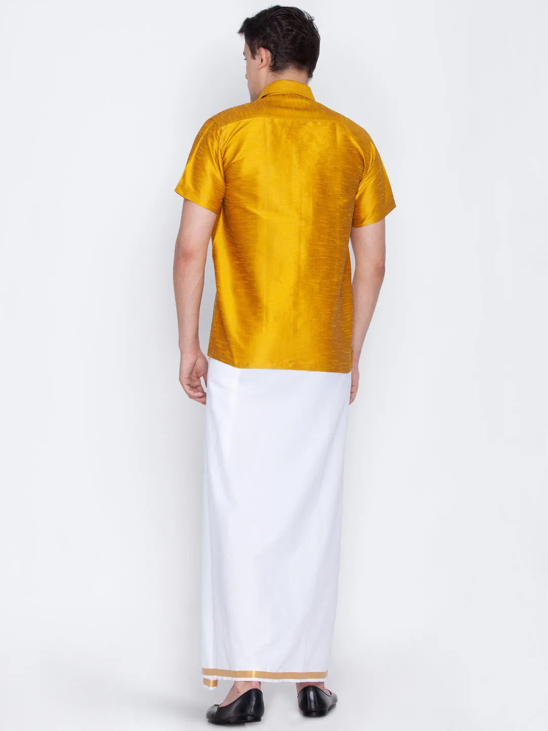 Men's Mustard Yellow And White Silk Blend Shirt And Mundu - Vastramay