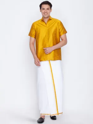 Men's Mustard Yellow And White Silk Blend Shirt And Mundu - Vastramay