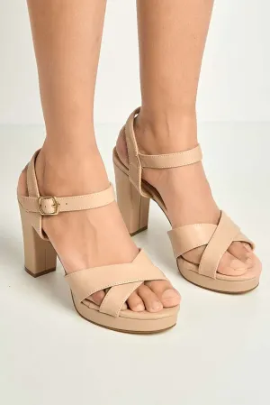 Natty Criss-Cross Font Block Heel Ankle Strap Sandals in Beige