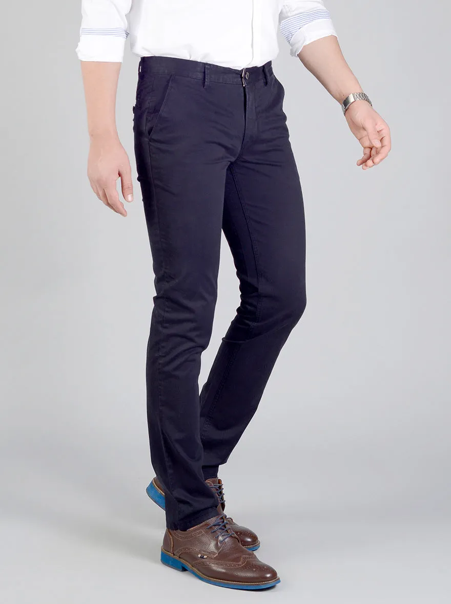 Night Blue Self Textured Slim Fit Casual Trouser | JadeBlue