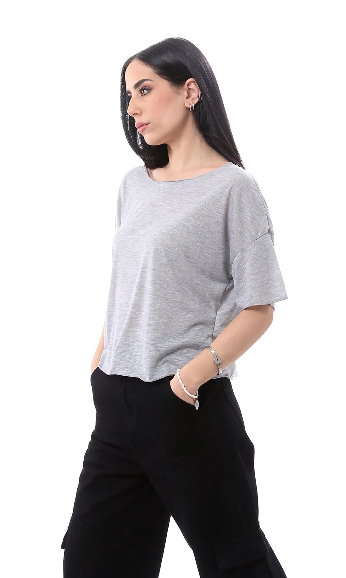 O166326 Wide Neck Loose Heather Grey Lightweight Tee