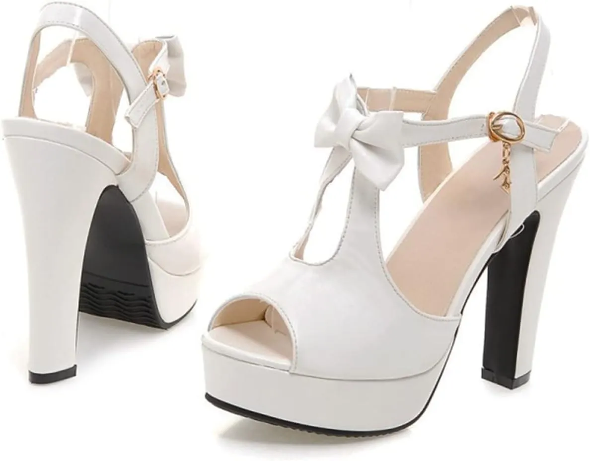 Pretty White Bow Chic Platform Open Toe Mary Jane Heels