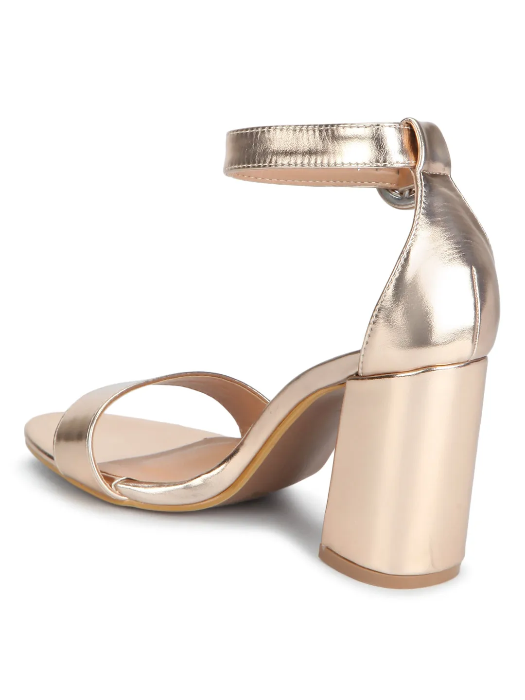 Rosegold Metallic PU Ankle Strap High Block Heels