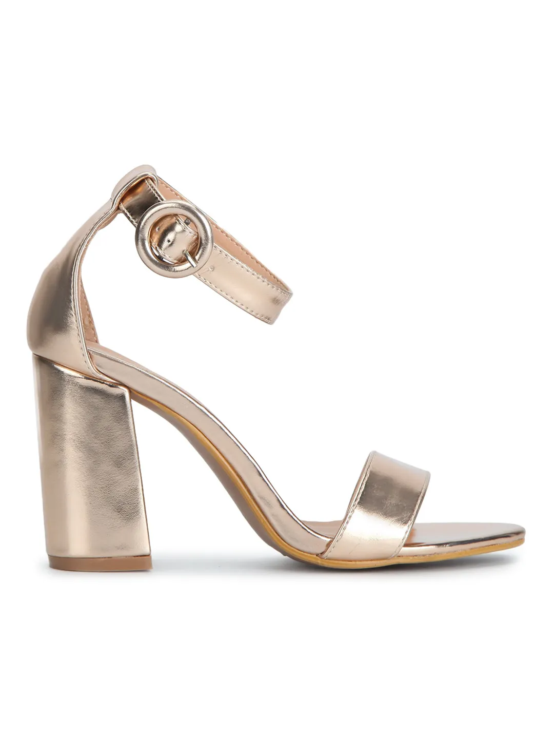 Rosegold Metallic PU Ankle Strap High Block Heels