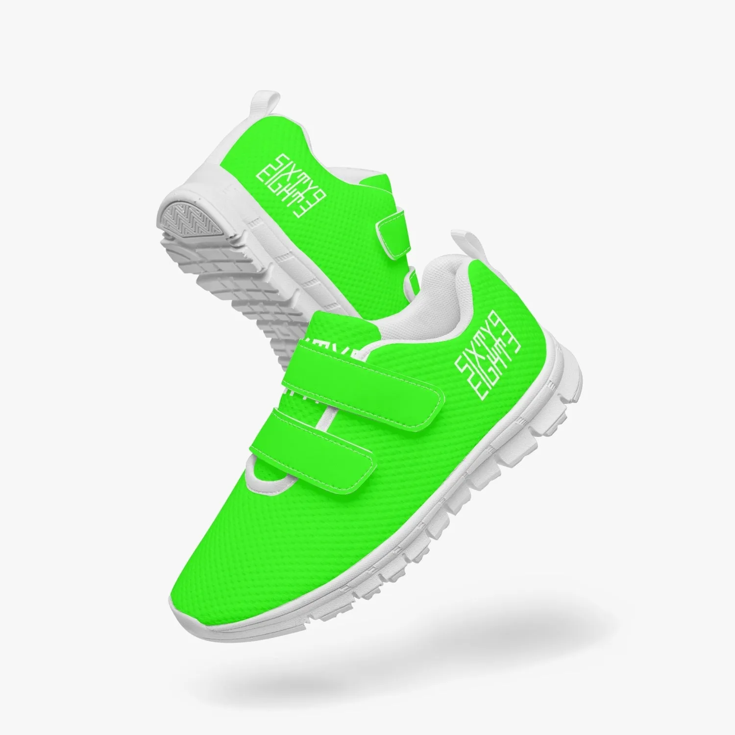 Sixty Eight 93 Logo White Lime Green Kids Lightweight Velcro Shoe