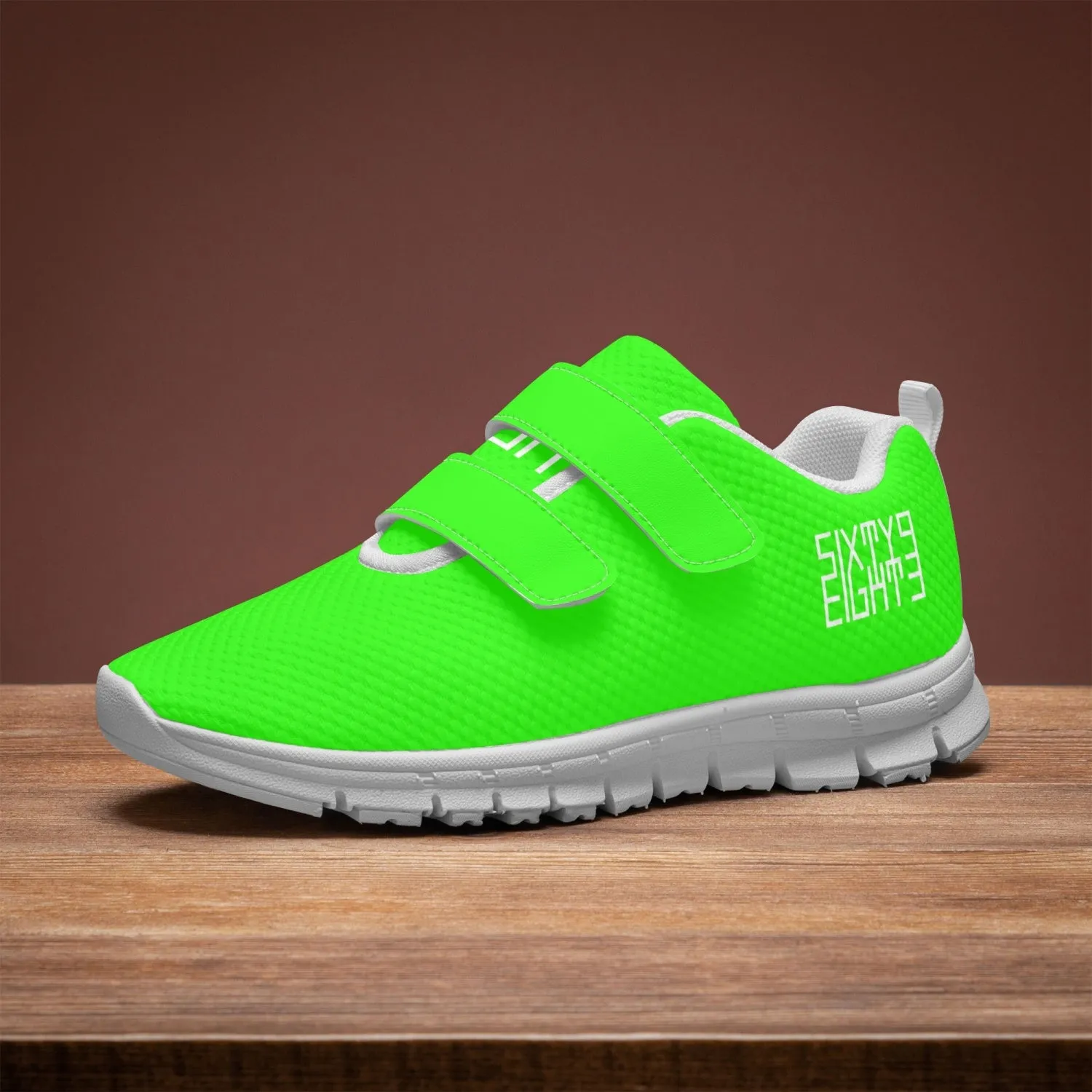 Sixty Eight 93 Logo White Lime Green Kids Lightweight Velcro Shoe