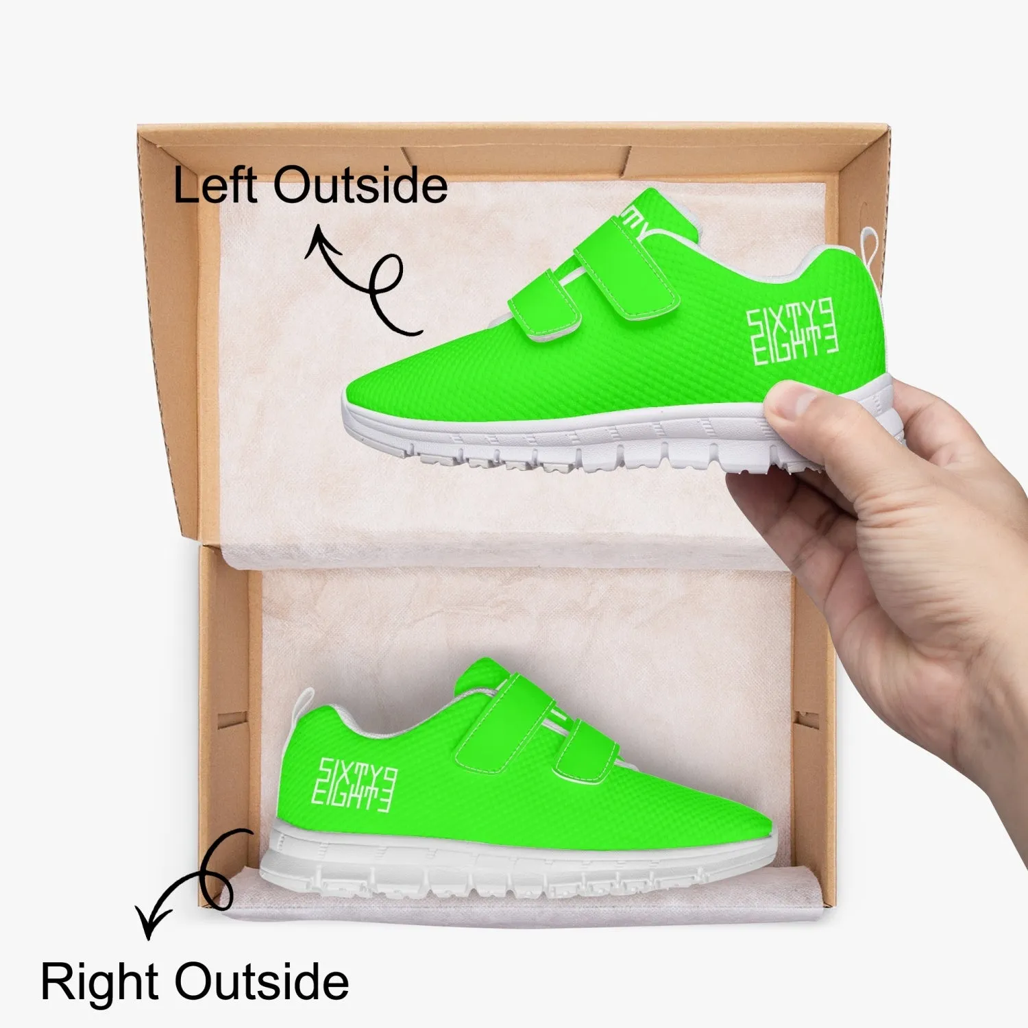 Sixty Eight 93 Logo White Lime Green Kids Lightweight Velcro Shoe