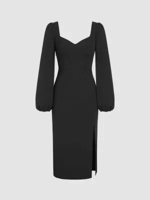 Solid Sweetheart Neck Lantern Sleeve Side Slit Dress In Black