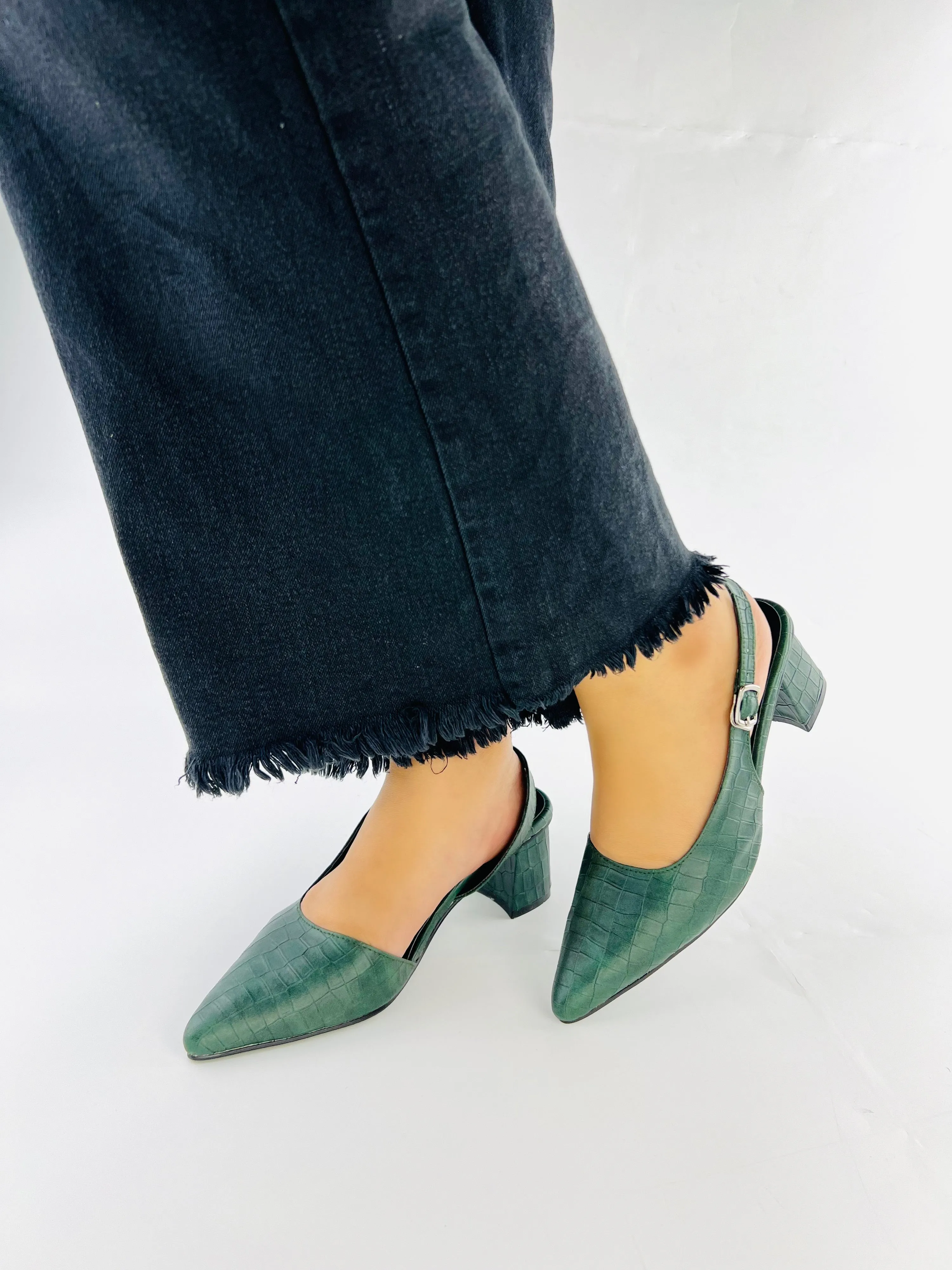 Spunkz Crocodile Embossed Green Leather Half Block Heel Sandals