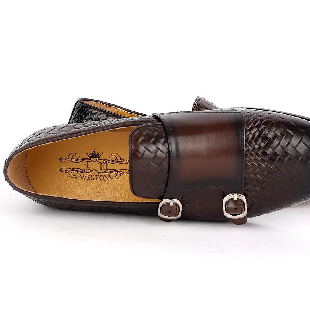 Weston Double Strap Designed Leather  Woven Shoe- Coffee